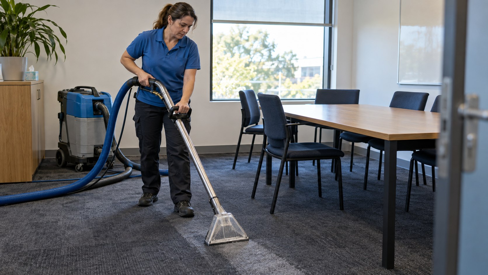 Cleaner using a carpet extractor in an office meeting room