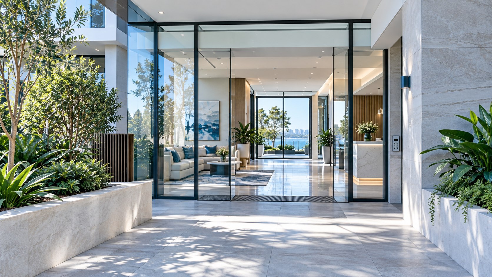 Bright residential apartment building entrance