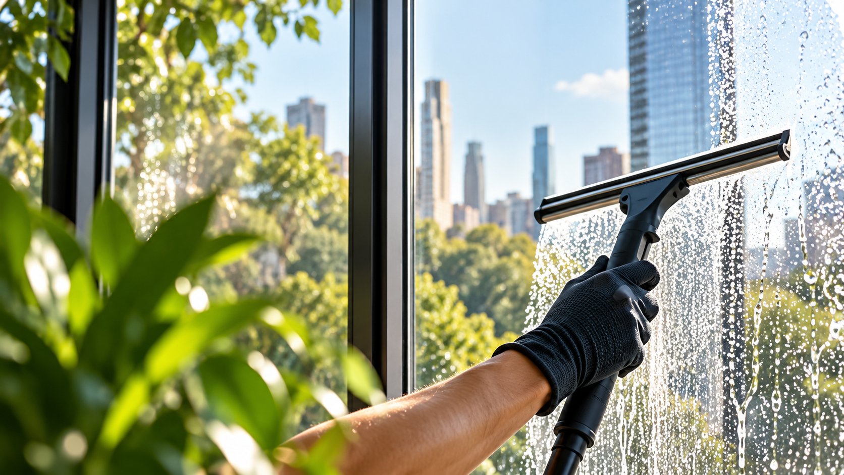 Professional cleaning a large glass window